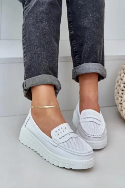 Discount Evento Skórzane Mokasyny Damskie Na Platformie I Koturnie Białe Elanindel Biały