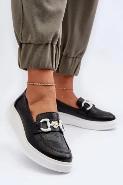 Loafersy Damskie|Mokasyny Damskie Skórzane>Damskie buty S.Barski Skórzane Mokasyny Damskie Na Platformie Czarne S.Barski LR720 Czarny