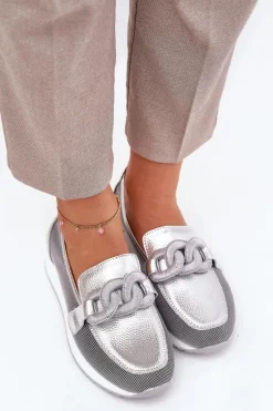 Mokasyny Damskie Skórzane|Mokasyny Na Platformie>Damskie buty S.Barski Skórzane Mokasyny Damskie Z Ozdobą D&A LR51-966 Srebrne