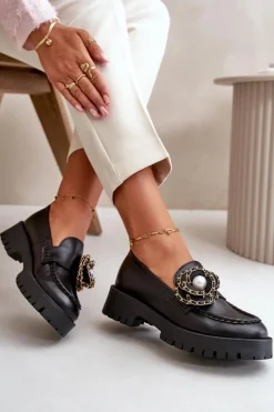 Online Skórzane Mokasyny Damskie Ozdobione Kwiatkiem Czarne 4520 Damskie Mokasyny Damskie Skórzane