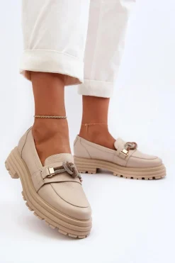 Loafersy Damskie|Mokasyny Płaskie>Laura Messi Skórzane Mokasyny Damskie Z Ozdobą 2780 Beżowe Beżowy