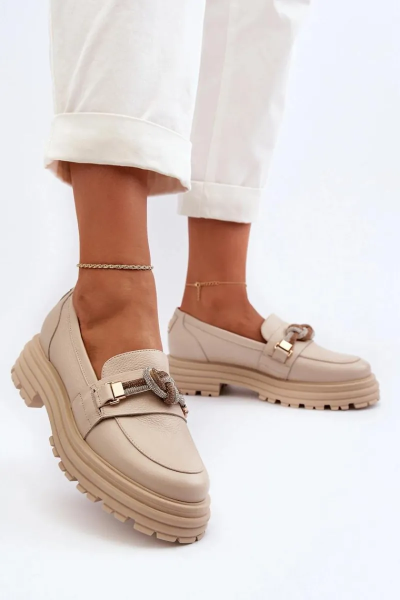 Loafersy Damskie|Mokasyny Płaskie>Laura Messi Skórzane Mokasyny Damskie Z Ozdobą 2780 Beżowe Beżowy