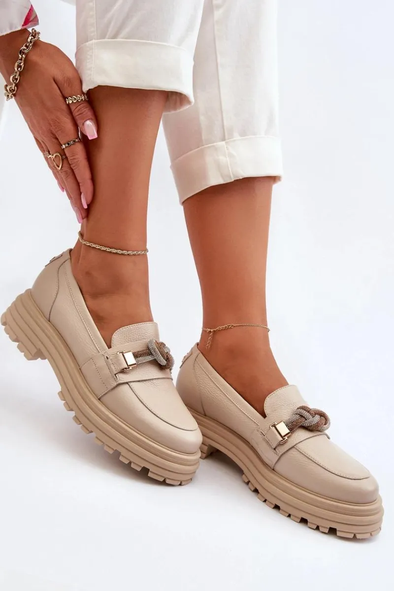 Loafersy Damskie|Mokasyny Płaskie>Laura Messi Skórzane Mokasyny Damskie Z Ozdobą 2780 Beżowe Beżowy