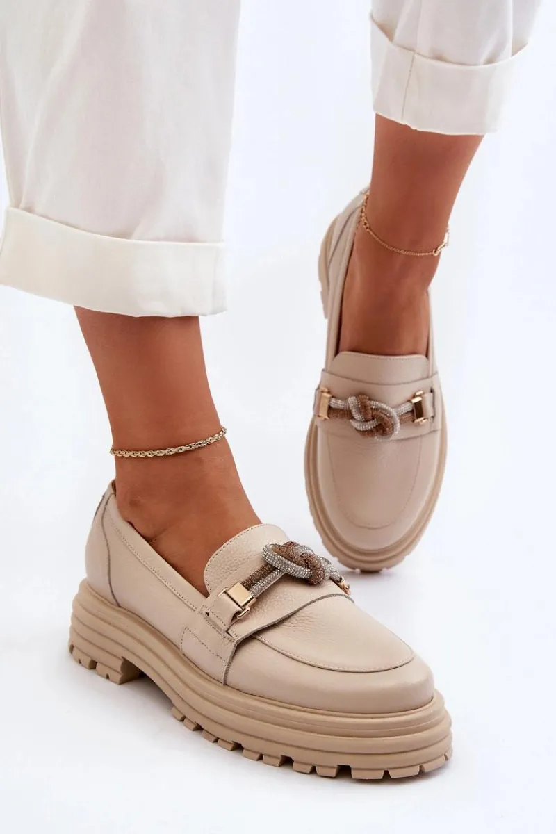 Loafersy Damskie|Mokasyny Płaskie>Laura Messi Skórzane Mokasyny Damskie Z Ozdobą 2780 Beżowe Beżowy