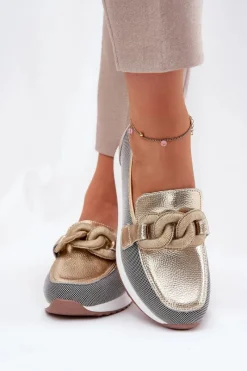 Mokasyny Damskie Skórzane|Mokasyny Na Platformie>Damskie buty S.Barski Skórzane Mokasyny Damskie Z Ozdobą D&A LR51-966 Złote Złoty