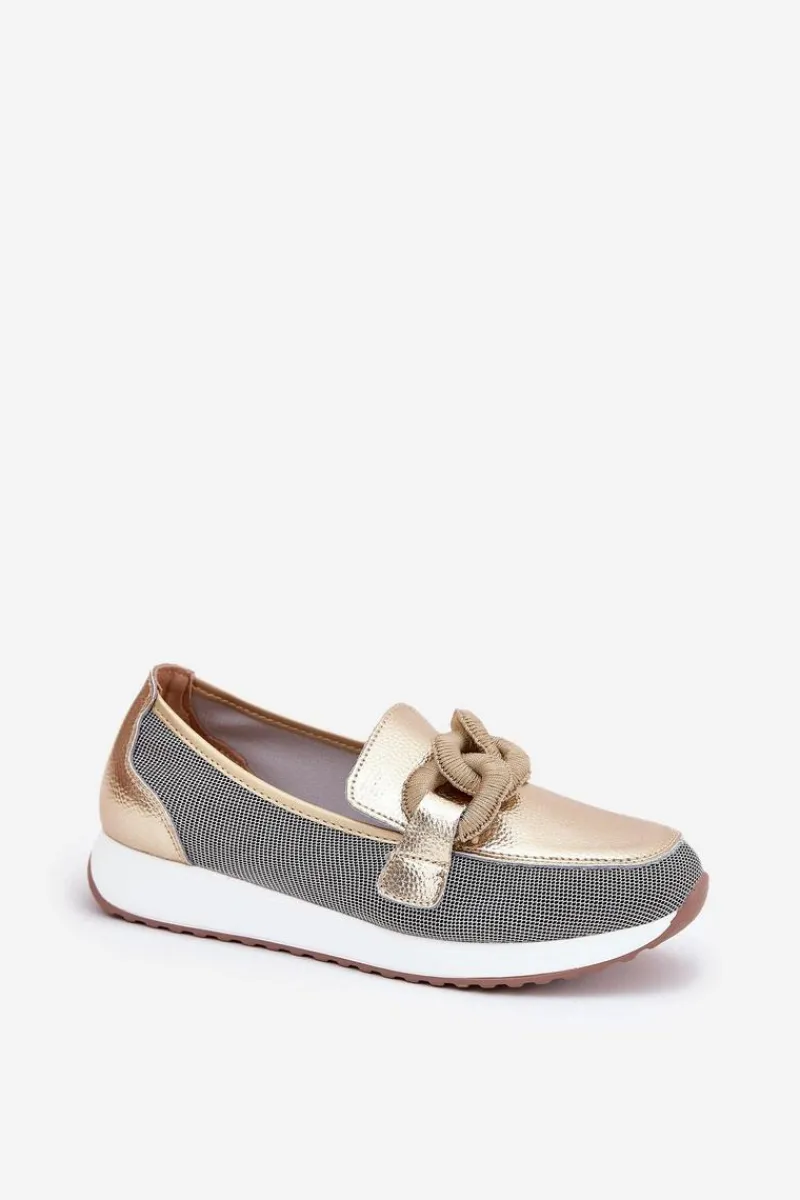 Mokasyny Damskie Skórzane|Mokasyny Na Platformie>Damskie buty S.Barski Skórzane Mokasyny Damskie Z Ozdobą D&A LR51-966 Złote Złoty