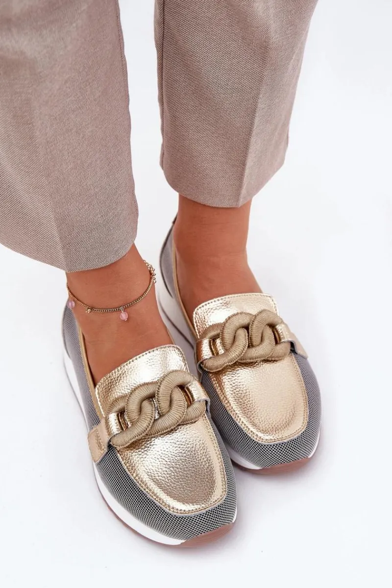 Mokasyny Damskie Skórzane|Mokasyny Na Platformie>Damskie buty S.Barski Skórzane Mokasyny Damskie Z Ozdobą D&A LR51-966 Złote Złoty