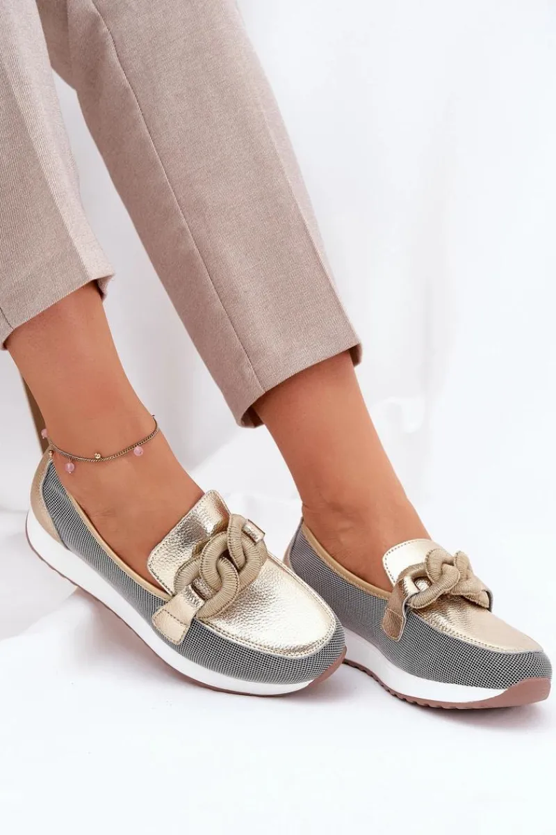 Mokasyny Damskie Skórzane|Mokasyny Na Platformie>Damskie buty S.Barski Skórzane Mokasyny Damskie Z Ozdobą D&A LR51-966 Złote Złoty