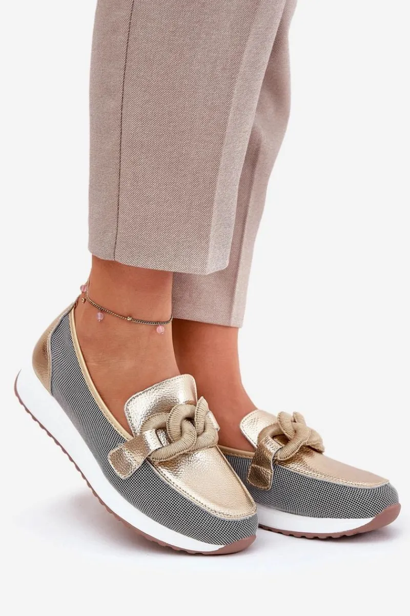 Mokasyny Damskie Skórzane|Mokasyny Na Platformie>Damskie buty S.Barski Skórzane Mokasyny Damskie Z Ozdobą D&A LR51-966 Złote Złoty