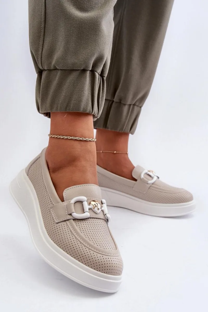 Outlet Skórzane Mokasyny Damskie Na Platformie Beżowe S.Barski LR720 Damskie Loafersy Damskie|Mokasyny Damskie Skórzane