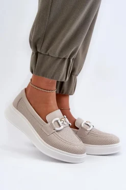 Outlet Skórzane Mokasyny Damskie Na Platformie Beżowe S.Barski LR720 Damskie Loafersy Damskie|Mokasyny Damskie Skórzane