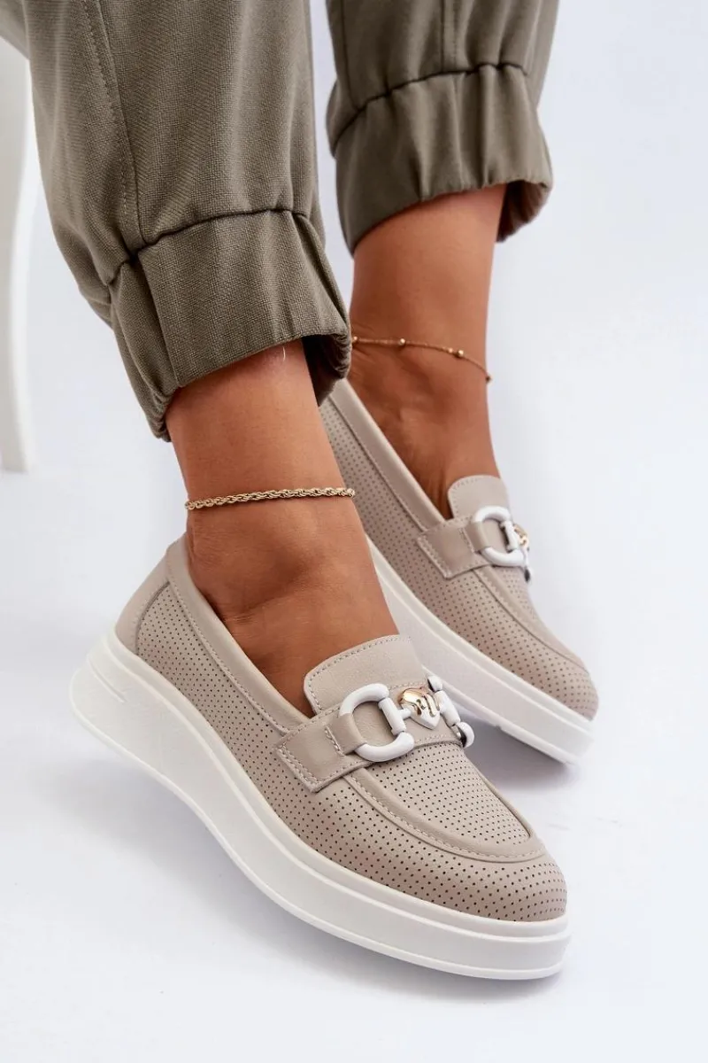 Outlet Skórzane Mokasyny Damskie Na Platformie Beżowe S.Barski LR720 Damskie Loafersy Damskie|Mokasyny Damskie Skórzane