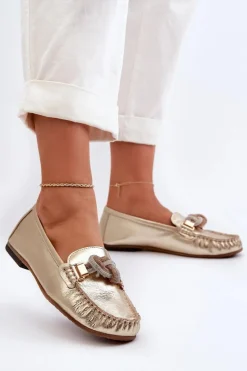 Best Skórzane Mokasyny Damskie Z Ozdobą 2761 Złote Damskie Loafersy Damskie|Mokasyny Płaskie