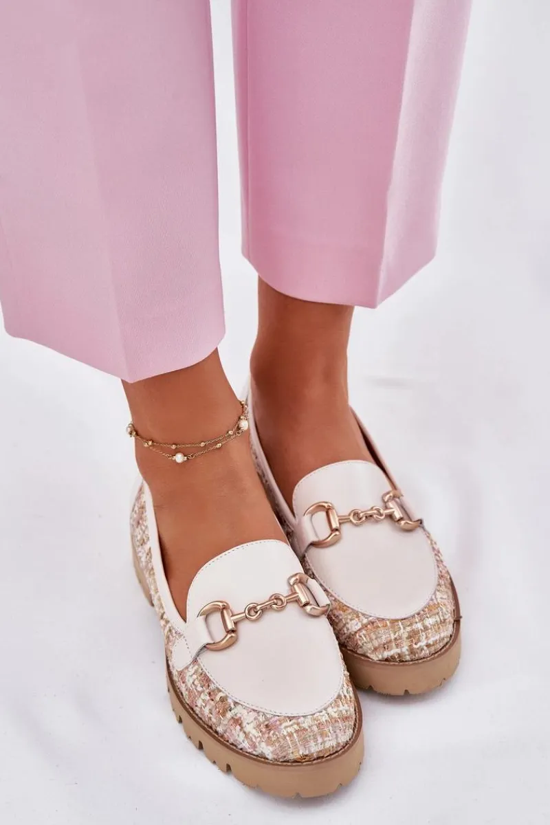 Laura Messi Skórzane Mokasyny Damskie Ze Złotym Detalem 2938 Jasnobeżowe