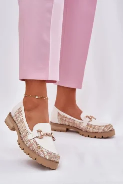 Laura Messi Skórzane Mokasyny Damskie Ze Złotym Detalem 2938 Jasnobeżowe