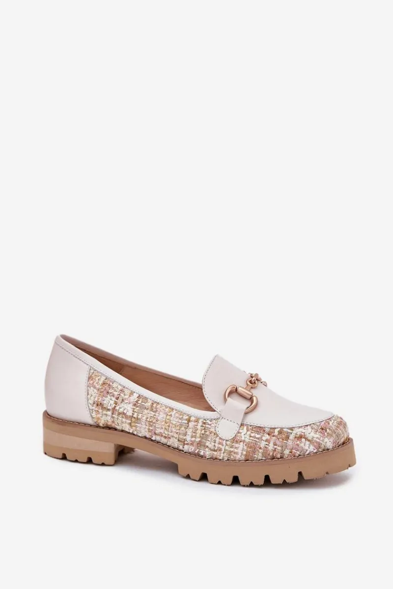 Laura Messi Skórzane Mokasyny Damskie Ze Złotym Detalem 2938 Jasnobeżowe
