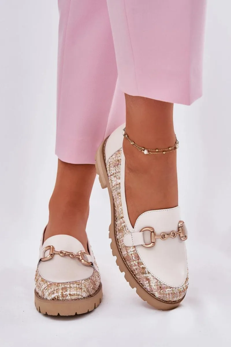 Laura Messi Skórzane Mokasyny Damskie Ze Złotym Detalem 2938 Jasnobeżowe