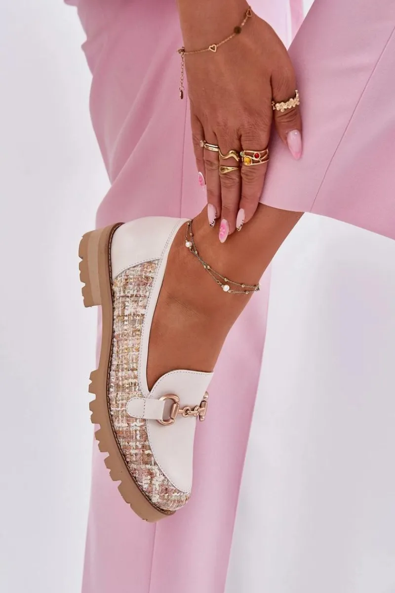 Laura Messi Skórzane Mokasyny Damskie Ze Złotym Detalem 2938 Jasnobeżowe