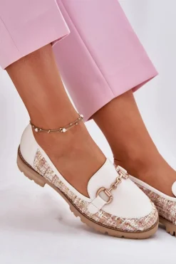 Laura Messi Skórzane Mokasyny Damskie Ze Złotym Detalem 2938 Jasnobeżowe