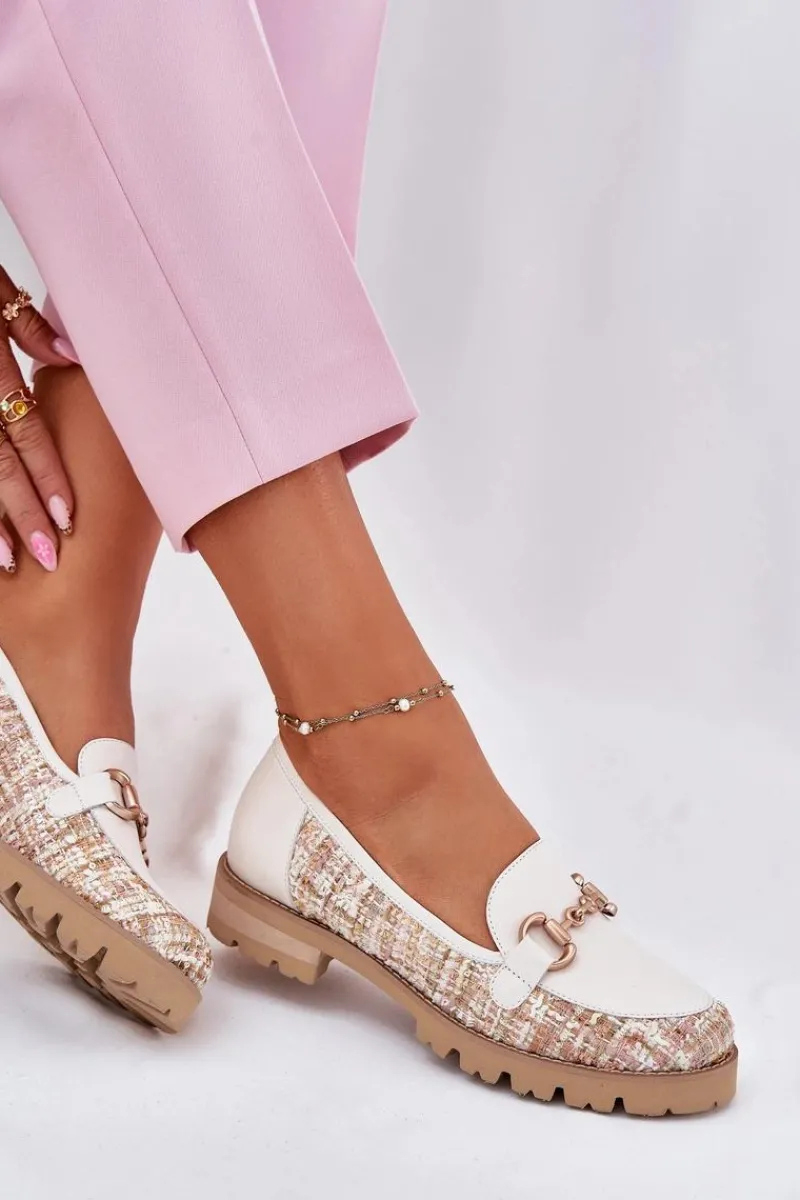 Laura Messi Skórzane Mokasyny Damskie Ze Złotym Detalem 2938 Jasnobeżowe