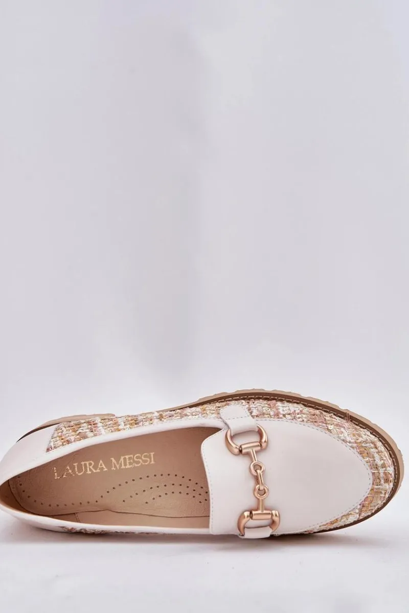 Laura Messi Skórzane Mokasyny Damskie Ze Złotym Detalem 2938 Jasnobeżowe