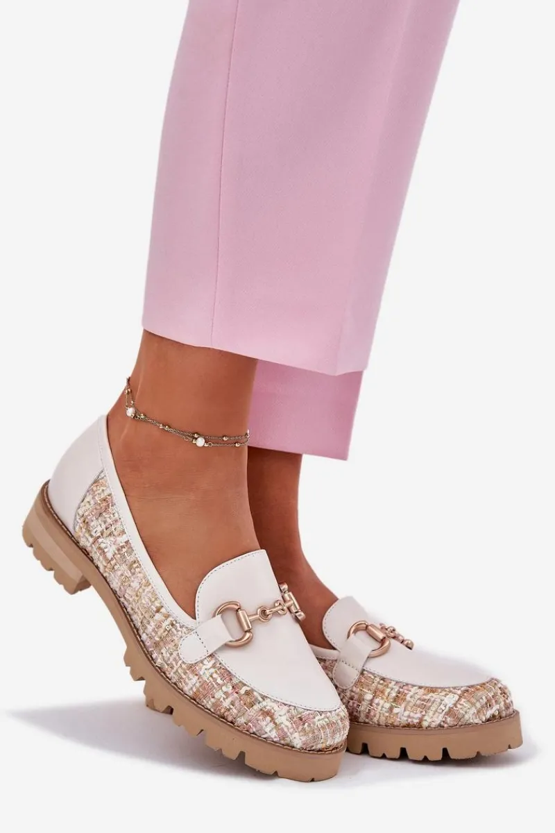 Laura Messi Skórzane Mokasyny Damskie Ze Złotym Detalem 2938 Jasnobeżowe