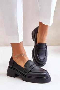 Outlet Skórzane Mokasyny Loafersy Damskie D&A JC42-61 Czarne Damskie Mokasyny Damskie Lakierowane