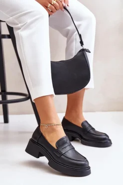 Outlet Skórzane Mokasyny Loafersy Damskie D&A JC42-61 Czarne Damskie Mokasyny Damskie Lakierowane