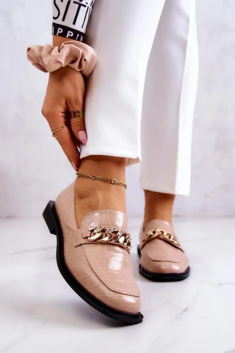 Discount Damskie buty S.Barski Skórzane Mokasyny Loafery Z Łańcuchem Beżowe Killen