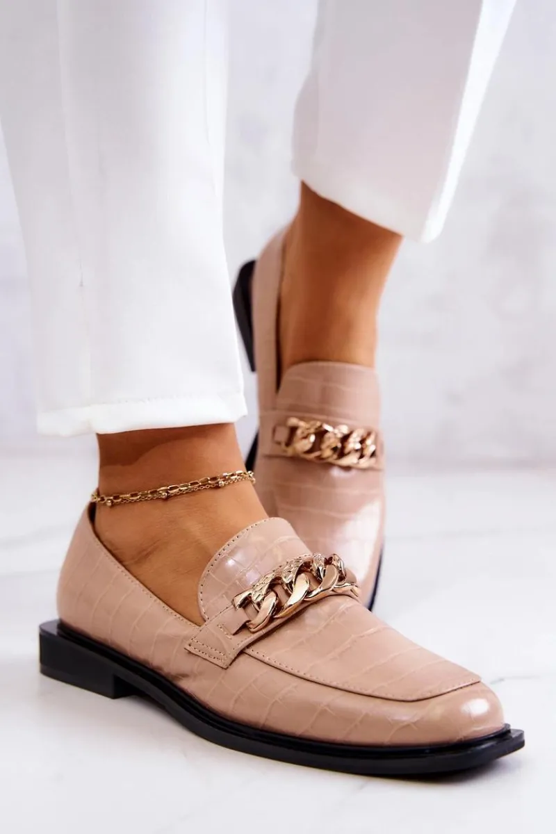 Discount Damskie buty S.Barski Skórzane Mokasyny Loafery Z Łańcuchem Beżowe Killen