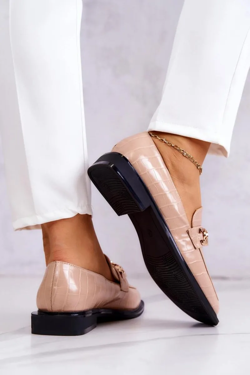 Discount Damskie buty S.Barski Skórzane Mokasyny Loafery Z Łańcuchem Beżowe Killen