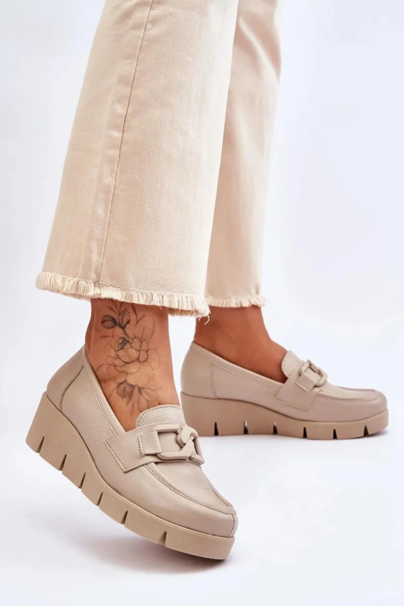 Online Boto Skórzane Mokasyny Na Koturnie Beżowe Lemar Felicita Beżowy