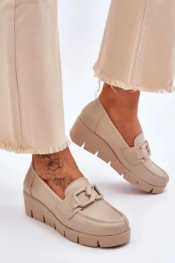 Online Boto Skórzane Mokasyny Na Koturnie Beżowe Lemar Felicita Beżowy