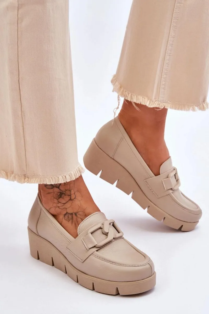 Online Boto Skórzane Mokasyny Na Koturnie Beżowe Lemar Felicita Beżowy