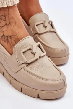 Online Boto Skórzane Mokasyny Na Koturnie Beżowe Lemar Felicita Beżowy