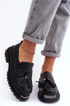 Mokasyny Na Platformie>Boto Skórzane Mokasyny Na Platformie I Płaskim Obcasie Czarne Jorne