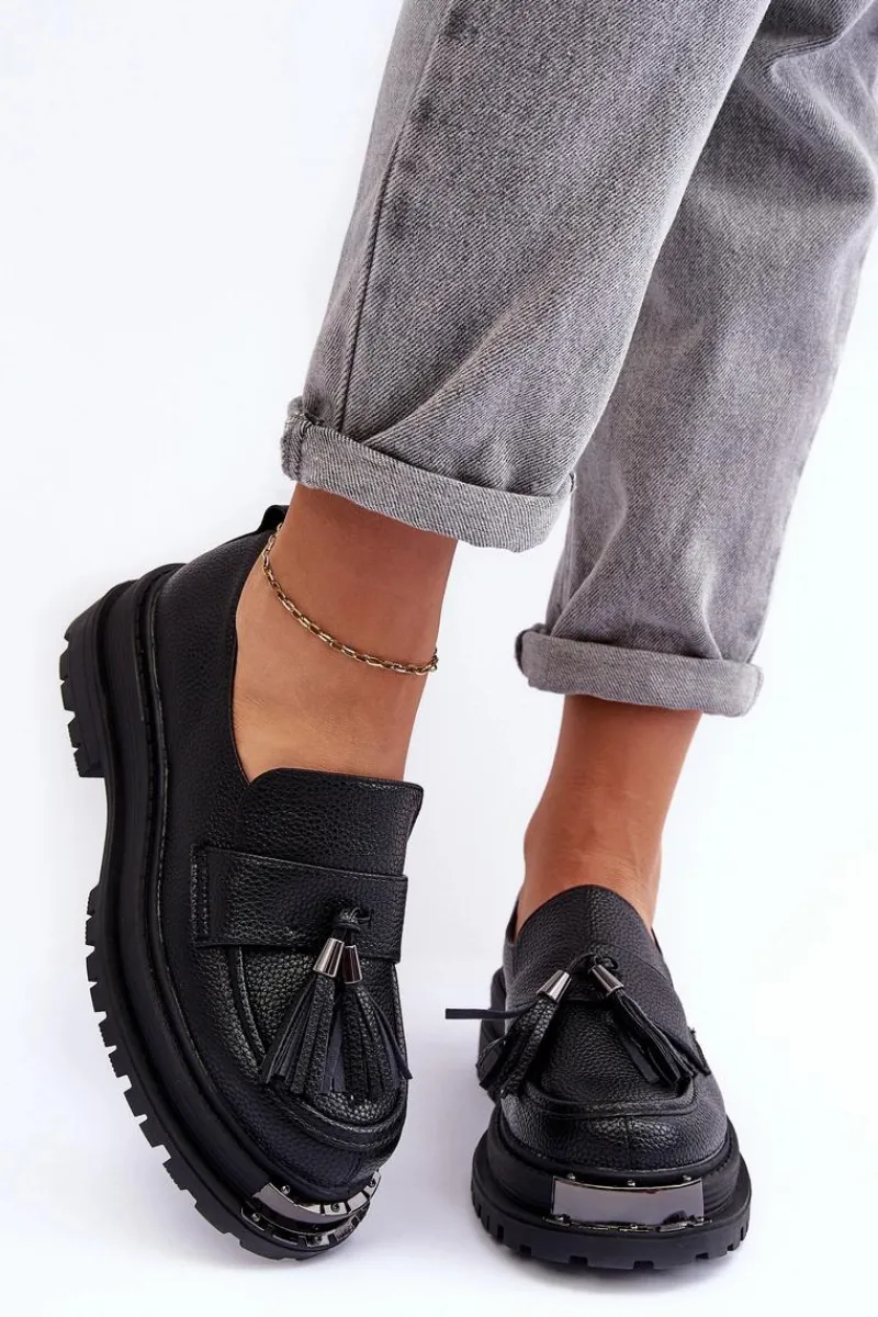 Mokasyny Na Platformie>Boto Skórzane Mokasyny Na Platformie I Płaskim Obcasie Czarne Jorne