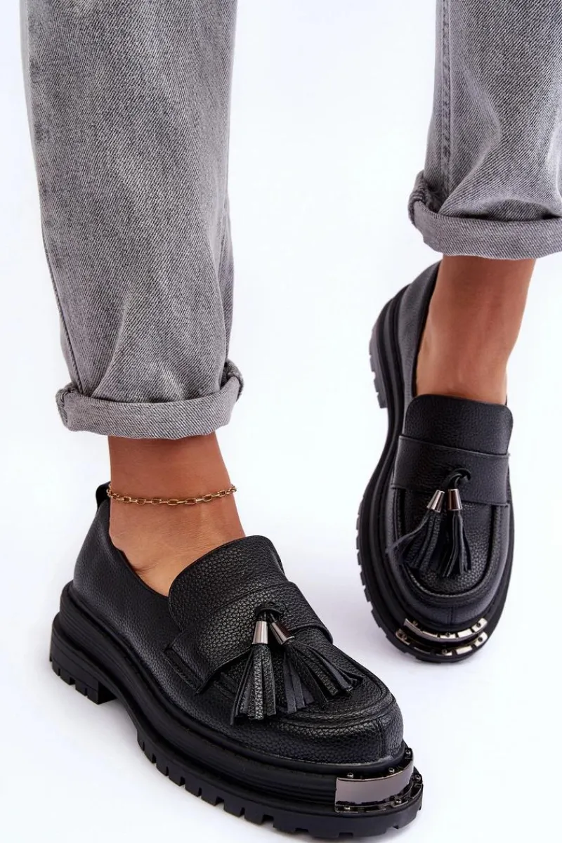 Mokasyny Na Platformie>Boto Skórzane Mokasyny Na Platformie I Płaskim Obcasie Czarne Jorne