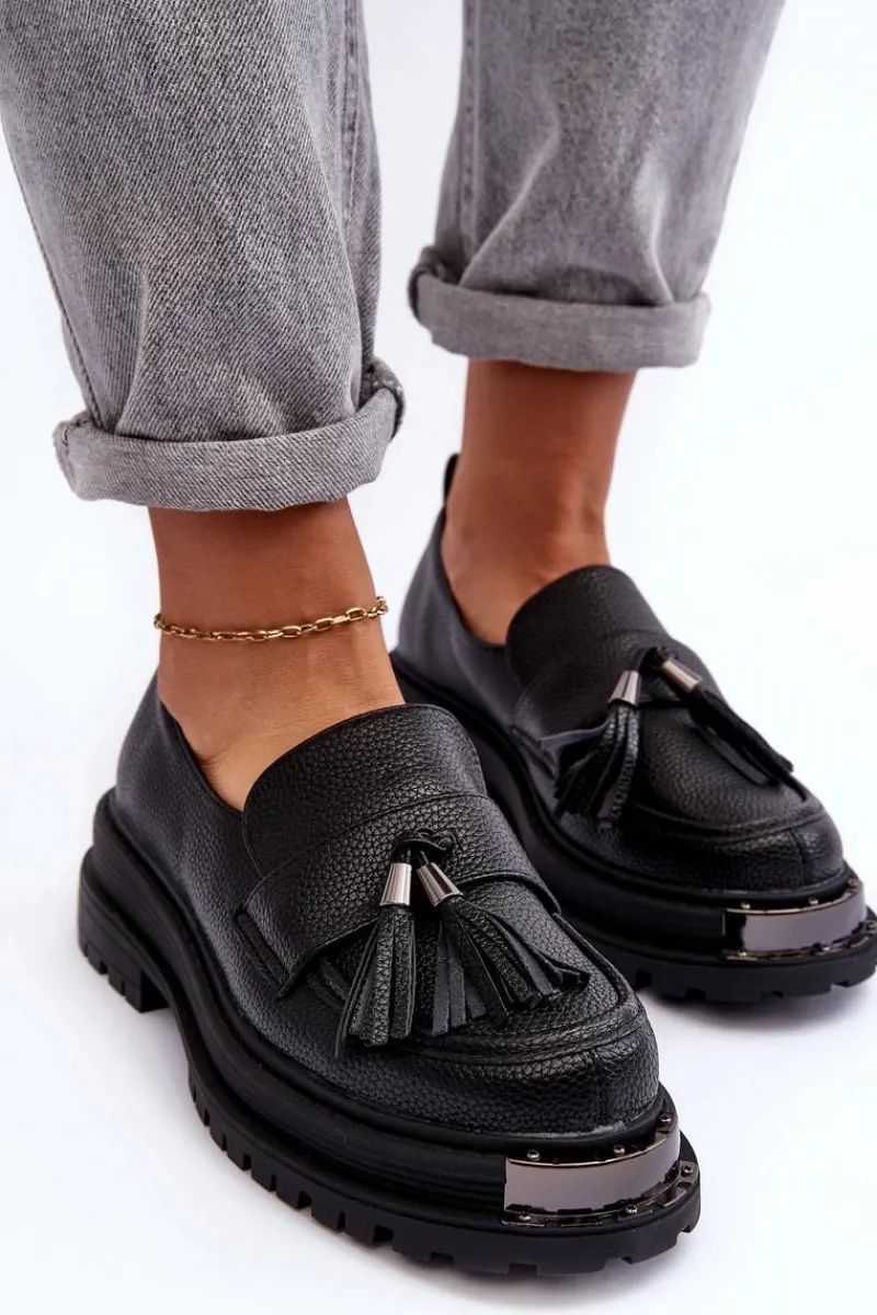 Mokasyny Na Platformie>Boto Skórzane Mokasyny Na Platformie I Płaskim Obcasie Czarne Jorne