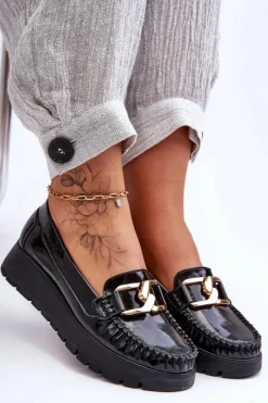 Loafersy Damskie|Mokasyny Damskie Skórzane>Zazoo Skórzane Mokasyny Na Platformie Z Ozdobą Czarne Lemar Desmond Czarny