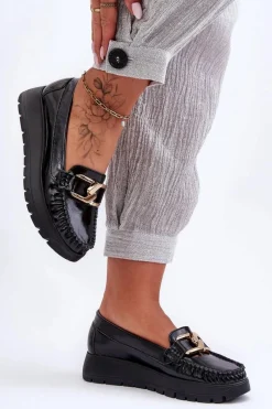 Loafersy Damskie|Mokasyny Damskie Skórzane></noscript>Zazoo Skórzane Mokasyny Na Platformie Z Ozdobą Czarne Lemar Desmond Czarny