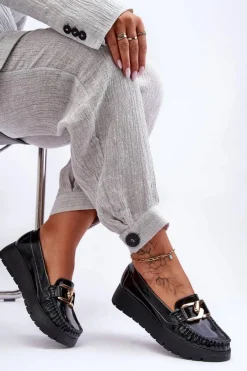 Loafersy Damskie|Mokasyny Damskie Skórzane></noscript>Zazoo Skórzane Mokasyny Na Platformie Z Ozdobą Czarne Lemar Desmond Czarny