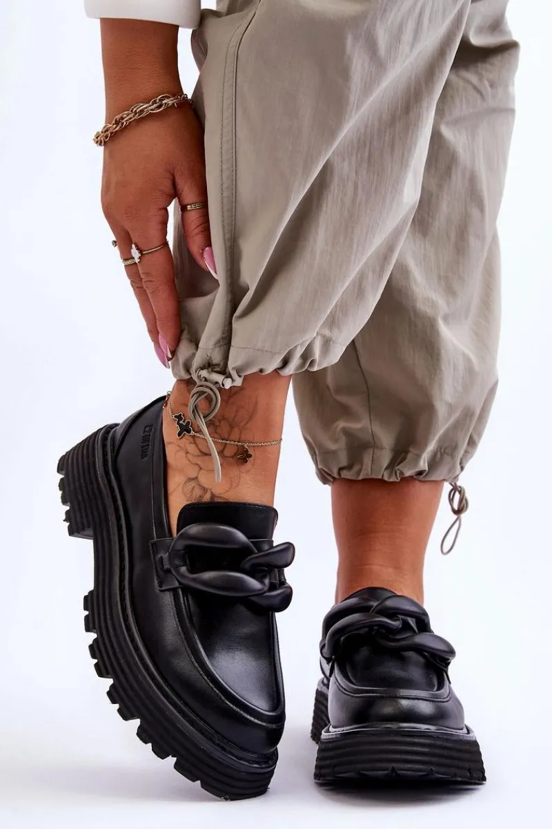 Online Skórzane Mokasyny Półbuty Big Star LL274580 Czarne Damskie Mokasyny Damskie Skórzane