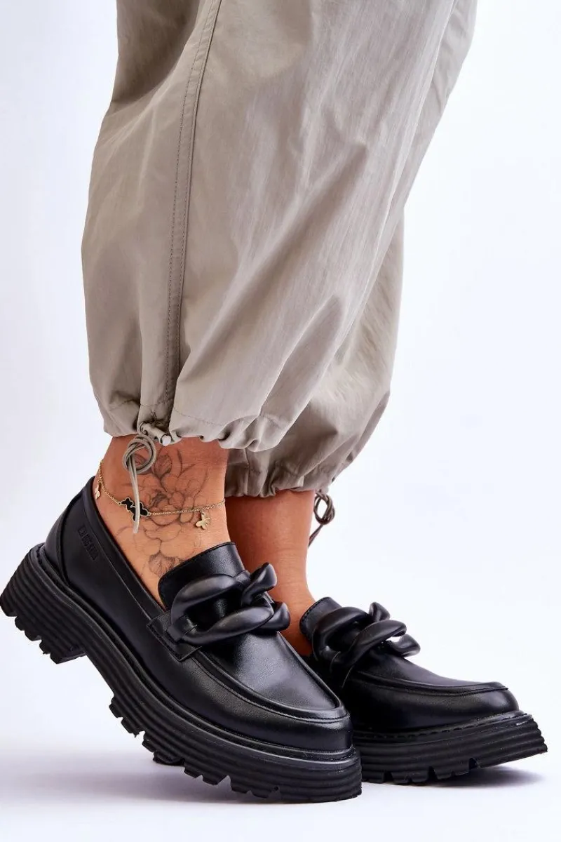 Online Skórzane Mokasyny Półbuty Big Star LL274580 Czarne Damskie Mokasyny Damskie Skórzane