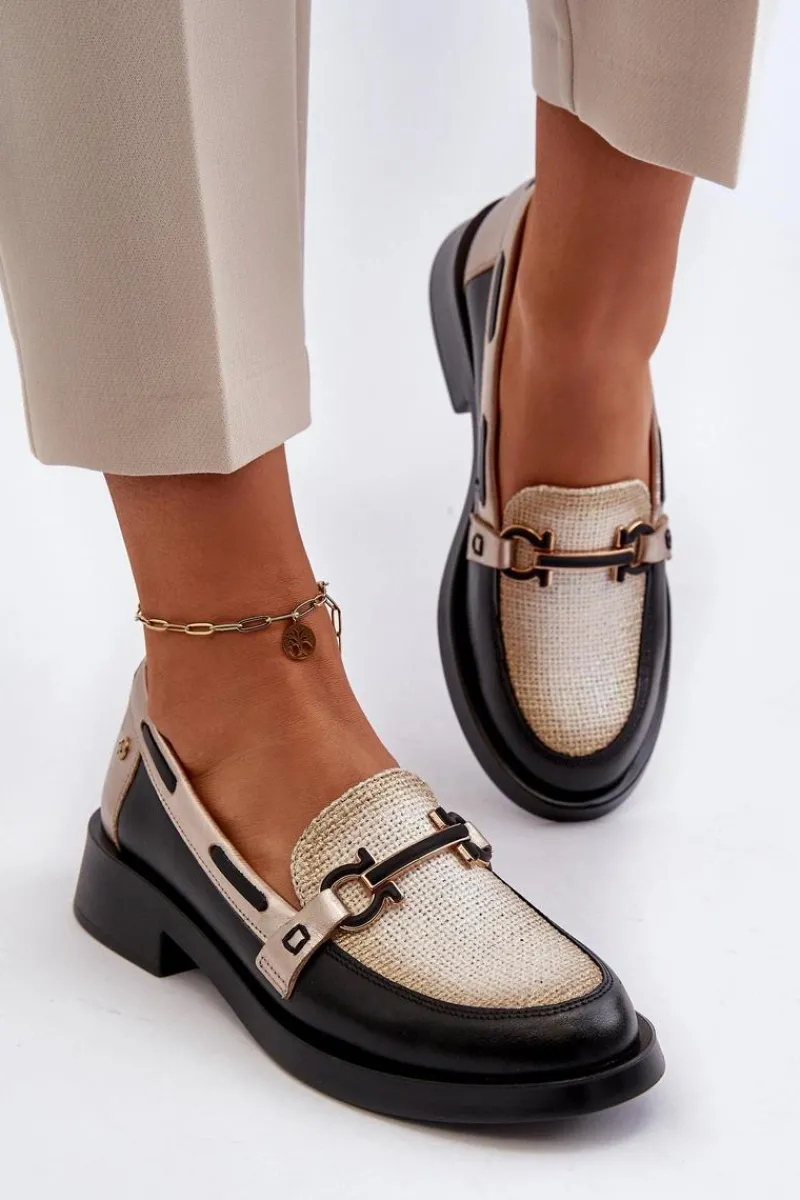 Outlet Skórzane Mokasyny Półbuty Damskie 06493-01 Czarne Damskie Loafersy Damskie|Półbuty Skórzane