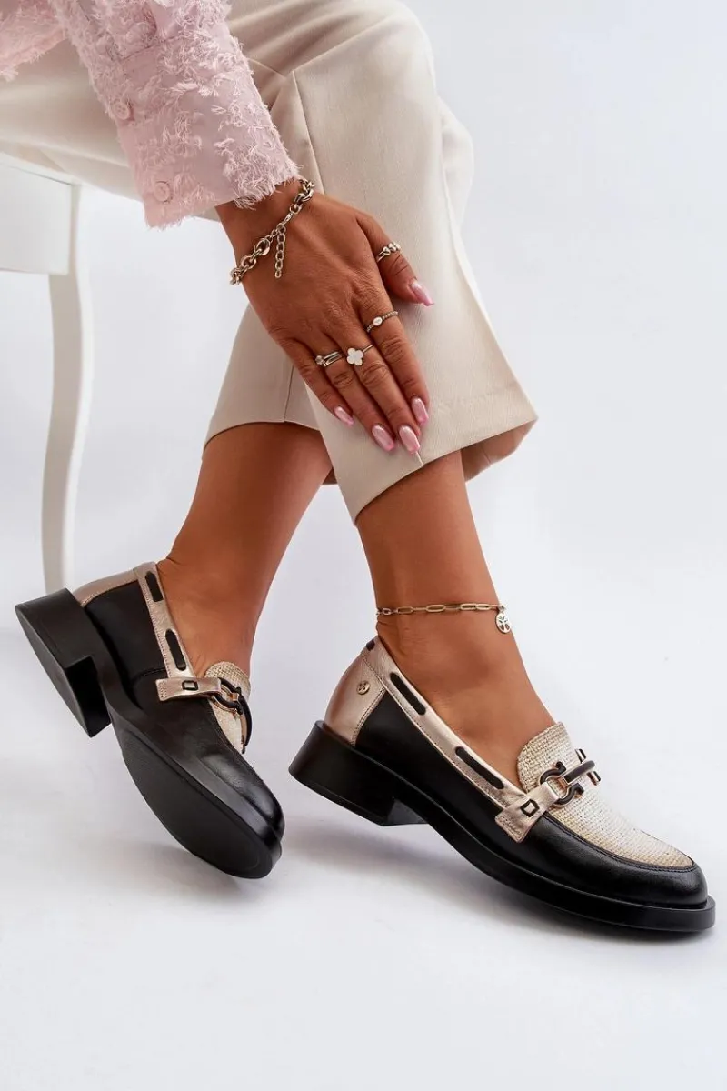 Outlet Skórzane Mokasyny Półbuty Damskie 06493-01 Czarne Damskie Loafersy Damskie|Półbuty Skórzane