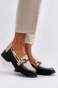 Outlet Skórzane Mokasyny Półbuty Damskie 06493-01 Czarne Damskie Loafersy Damskie|Półbuty Skórzane