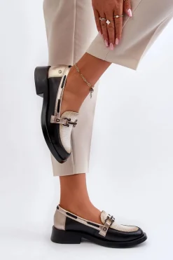 Outlet Skórzane Mokasyny Półbuty Damskie 06493-01 Czarne Damskie Loafersy Damskie|Półbuty Skórzane