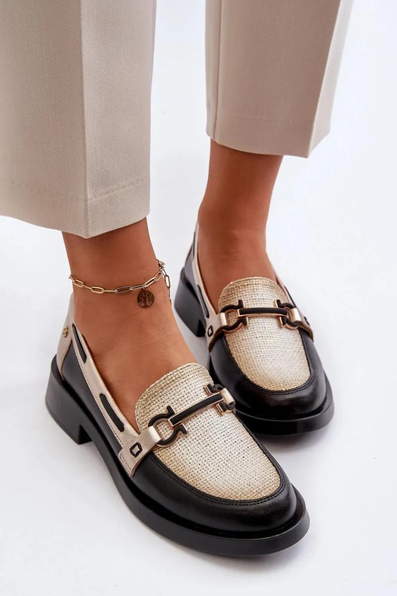 Outlet Skórzane Mokasyny Półbuty Damskie 06493-01 Czarne Damskie Loafersy Damskie|Półbuty Skórzane