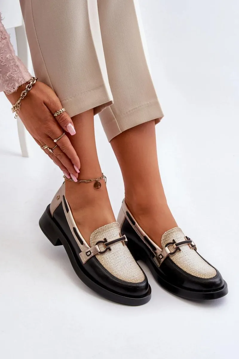 Outlet Skórzane Mokasyny Półbuty Damskie 06493-01 Czarne Damskie Loafersy Damskie|Półbuty Skórzane